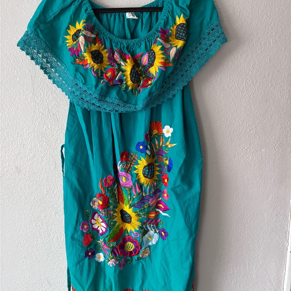 Embroidered Mexican Teal Dress with Floral Design